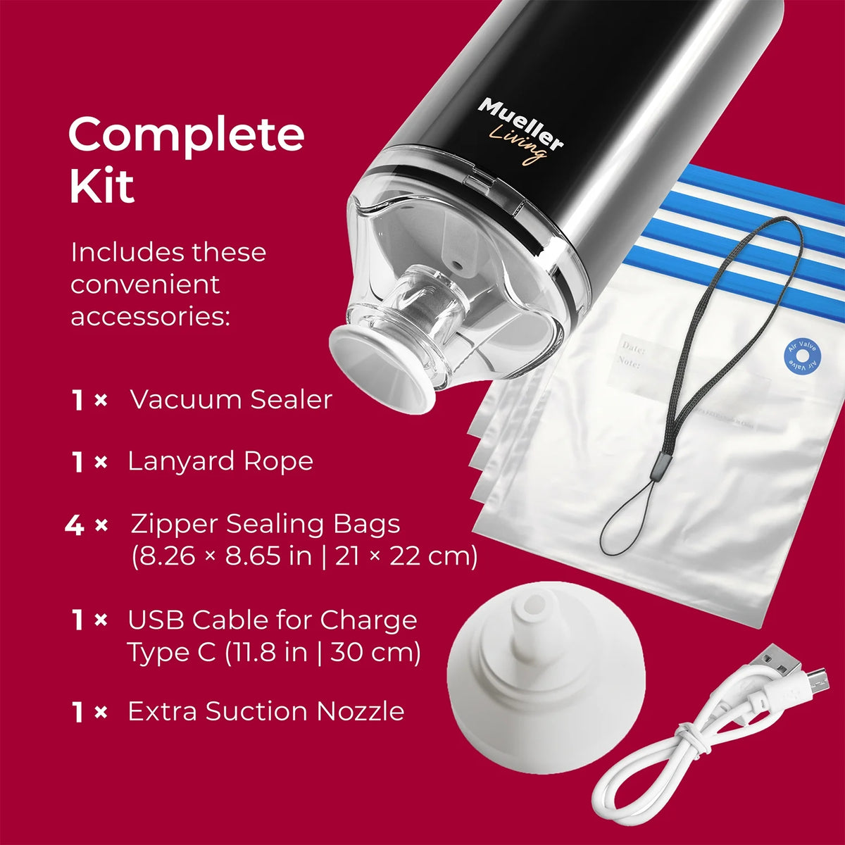 Mueller Handheld Vacuum Sealer Machine, Cordless Portable Food Sealer with (4) Reusable Zipper Bags & Charging System, for Travel and On-The-Go Food Storage