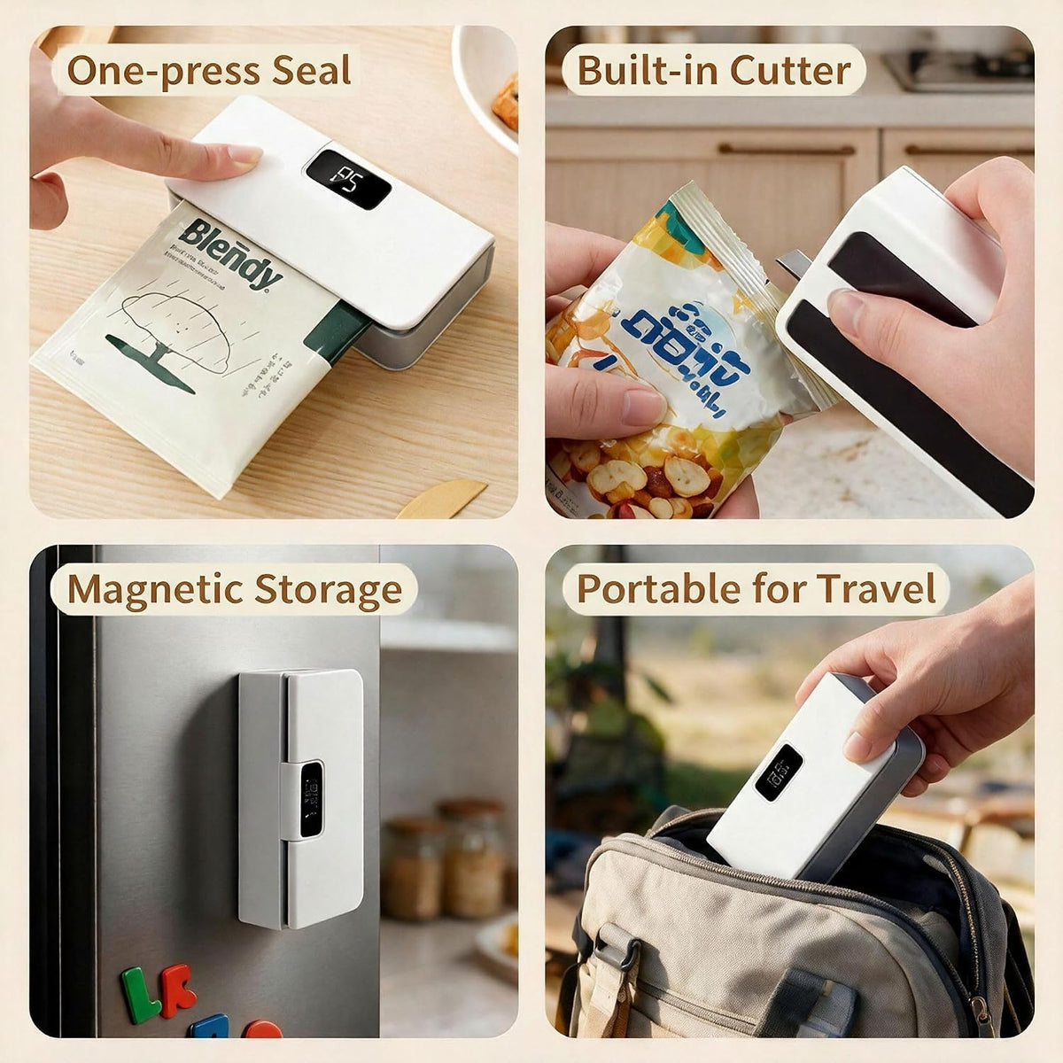 Mini Bag Sealer & Cutter, USB-C Rechargeable, 6-Gear Adjustable Heat, LED Display, Magnetic, for Chips/Snacks/Mylar/Plastic, No Preheating, Freshness Keeper, Portable Travel Gadget, White
