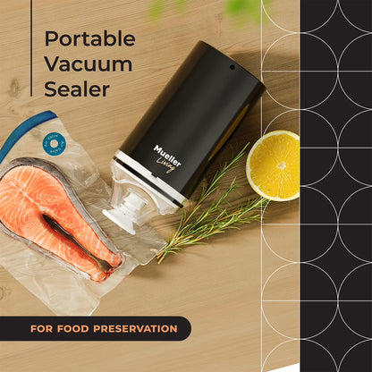 Mueller Handheld Vacuum Sealer Machine, Cordless Portable Food Sealer with (4) Reusable Zipper Bags & Charging System, for Travel and On-The-Go Food Storage