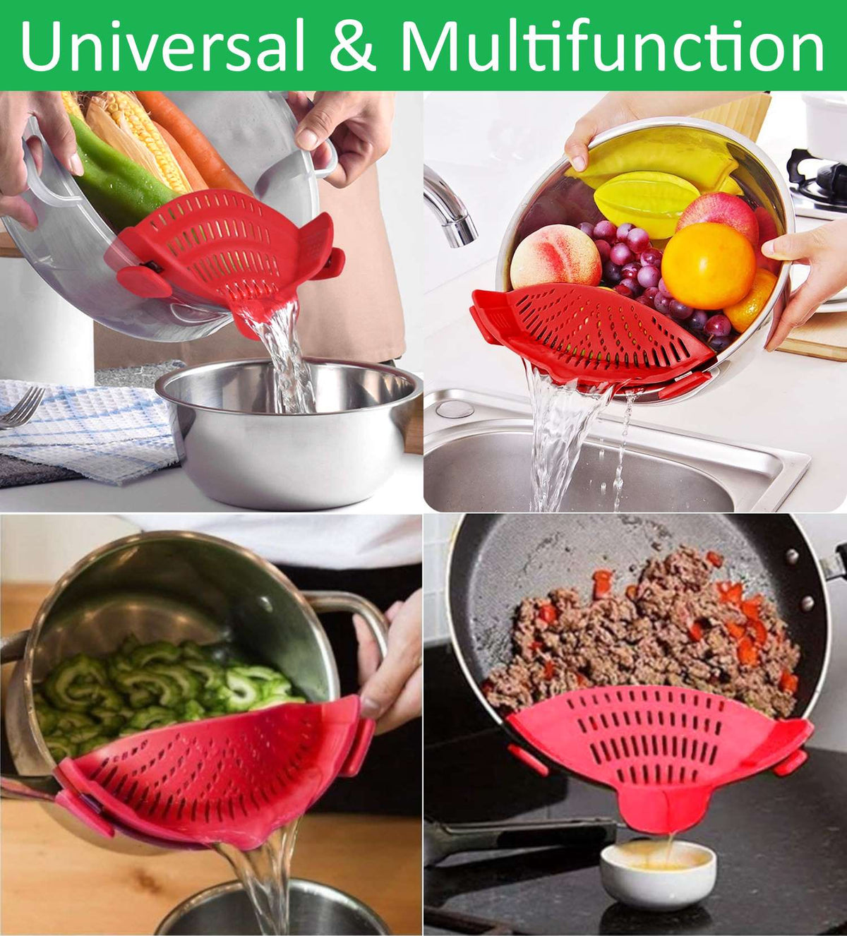 Universal Silicone Clip-On Pot Strainer - Simple Snap and Strain