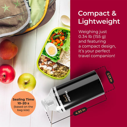 Mueller Handheld Vacuum Sealer Machine, Cordless Portable Food Sealer with (4) Reusable Zipper Bags & Charging System, for Travel and On-The-Go Food Storage
