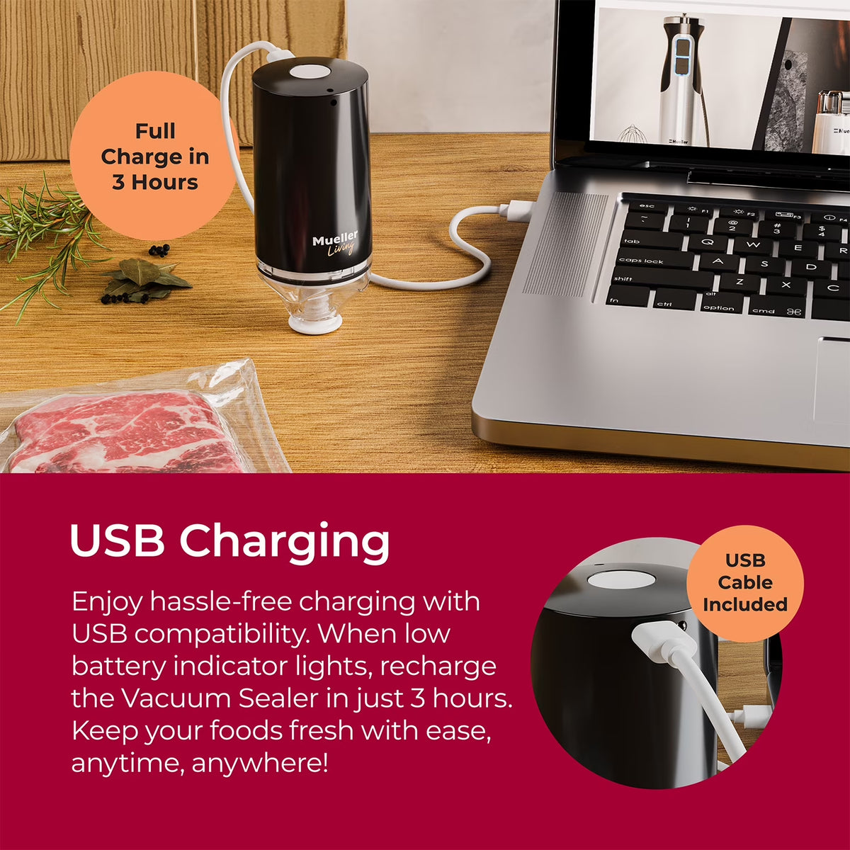 Mueller Handheld Vacuum Sealer Machine, Cordless Portable Food Sealer with (4) Reusable Zipper Bags & Charging System, for Travel and On-The-Go Food Storage