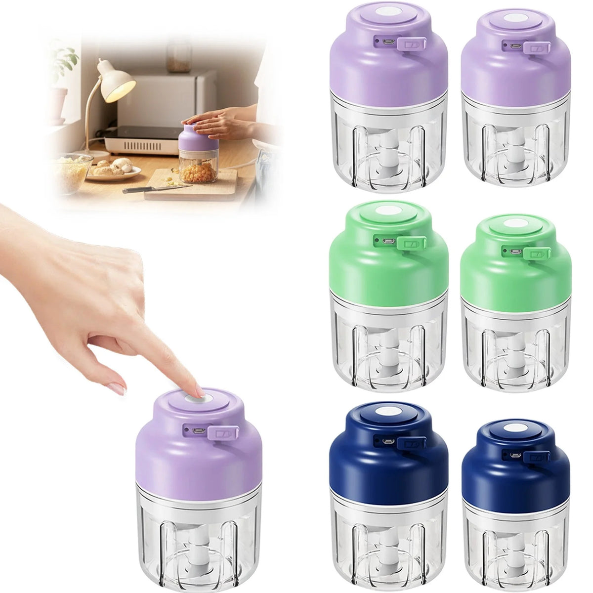 Rechargeable Electric Garlic Chopper,Portable Mini Food Processor with 4 Blades & Measure Cup,Wireless Cordless Vegetable & Meat Mincer,Easy Clean Kitchen Gadget,Blue,8.5 OZ 4 Blades