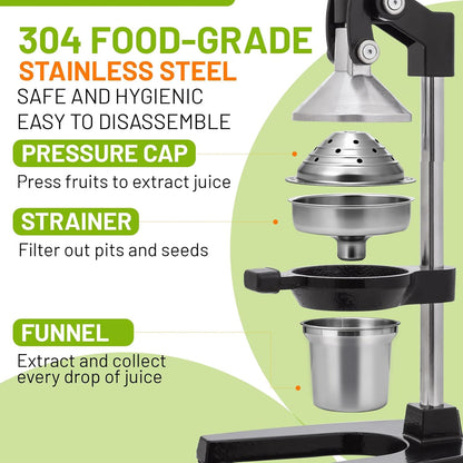 Cast Iron Juicer,Manual Juicer Hand Press,Professional Citrus Juicer | with Stainless Steel Cup,Easy to Use & Clean,Heavy Duty Stainless Steel Manual Juicer for Orange Juice,Pomegranate,Lemon