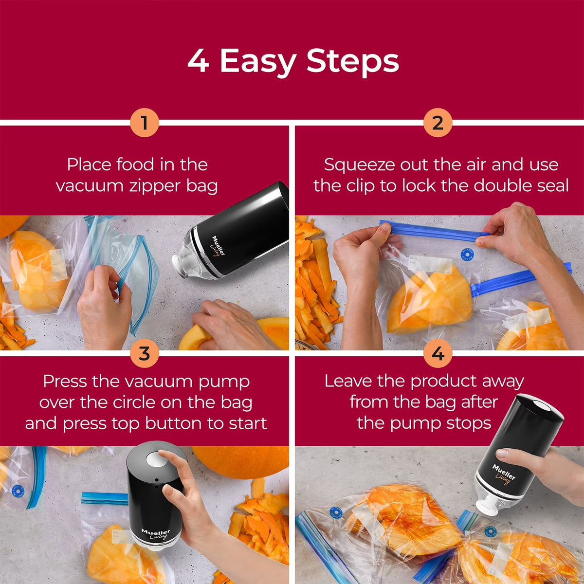 Mueller Handheld Vacuum Sealer Machine, Cordless Portable Food Sealer with (4) Reusable Zipper Bags & Charging System, for Travel and On-The-Go Food Storage