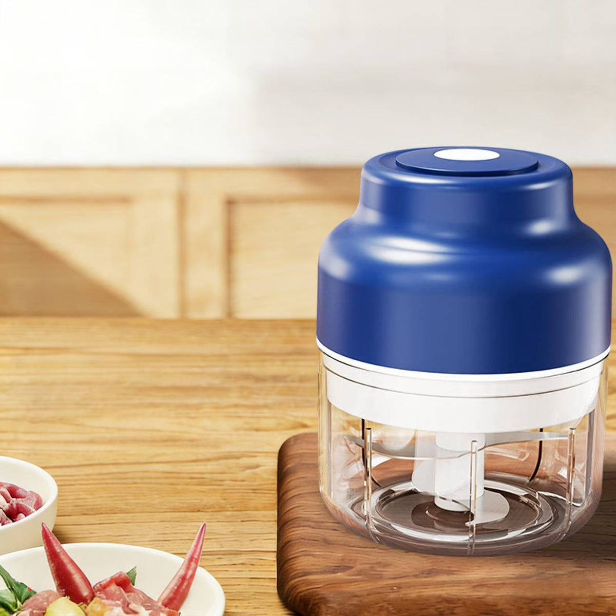 Rechargeable Electric Garlic Chopper,Portable Mini Food Processor with 4 Blades & Measure Cup,Wireless Cordless Vegetable & Meat Mincer,Easy Clean Kitchen Gadget,Blue,8.5 OZ 4 Blades