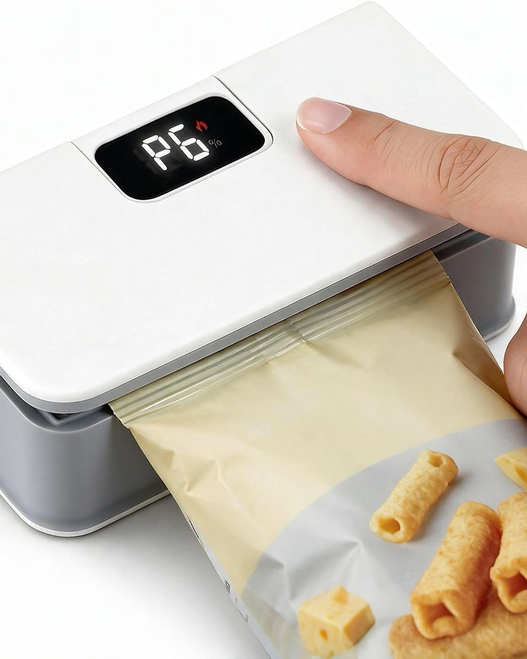 Mini Bag Sealer & Cutter, USB-C Rechargeable, 6-Gear Adjustable Heat, LED Display, Magnetic, for Chips/Snacks/Mylar/Plastic, No Preheating, Freshness Keeper, Portable Travel Gadget, White