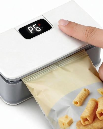 Mini Bag Sealer & Cutter, USB-C Rechargeable, 6-Gear Adjustable Heat, LED Display, Magnetic, for Chips/Snacks/Mylar/Plastic, No Preheating, Freshness Keeper, Portable Travel Gadget, White