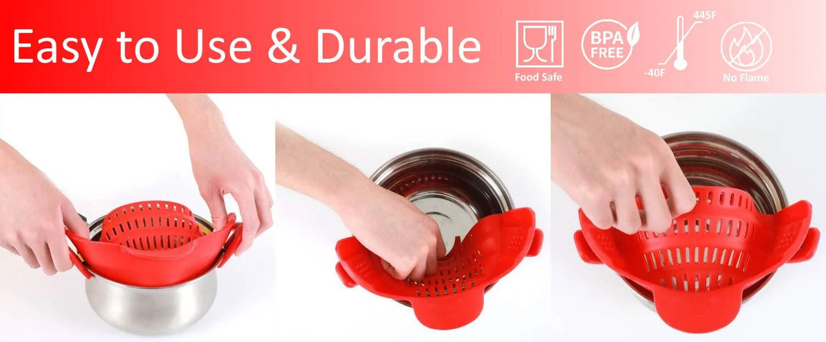 Universal Silicone Clip-On Pot Strainer - Simple Snap and Strain