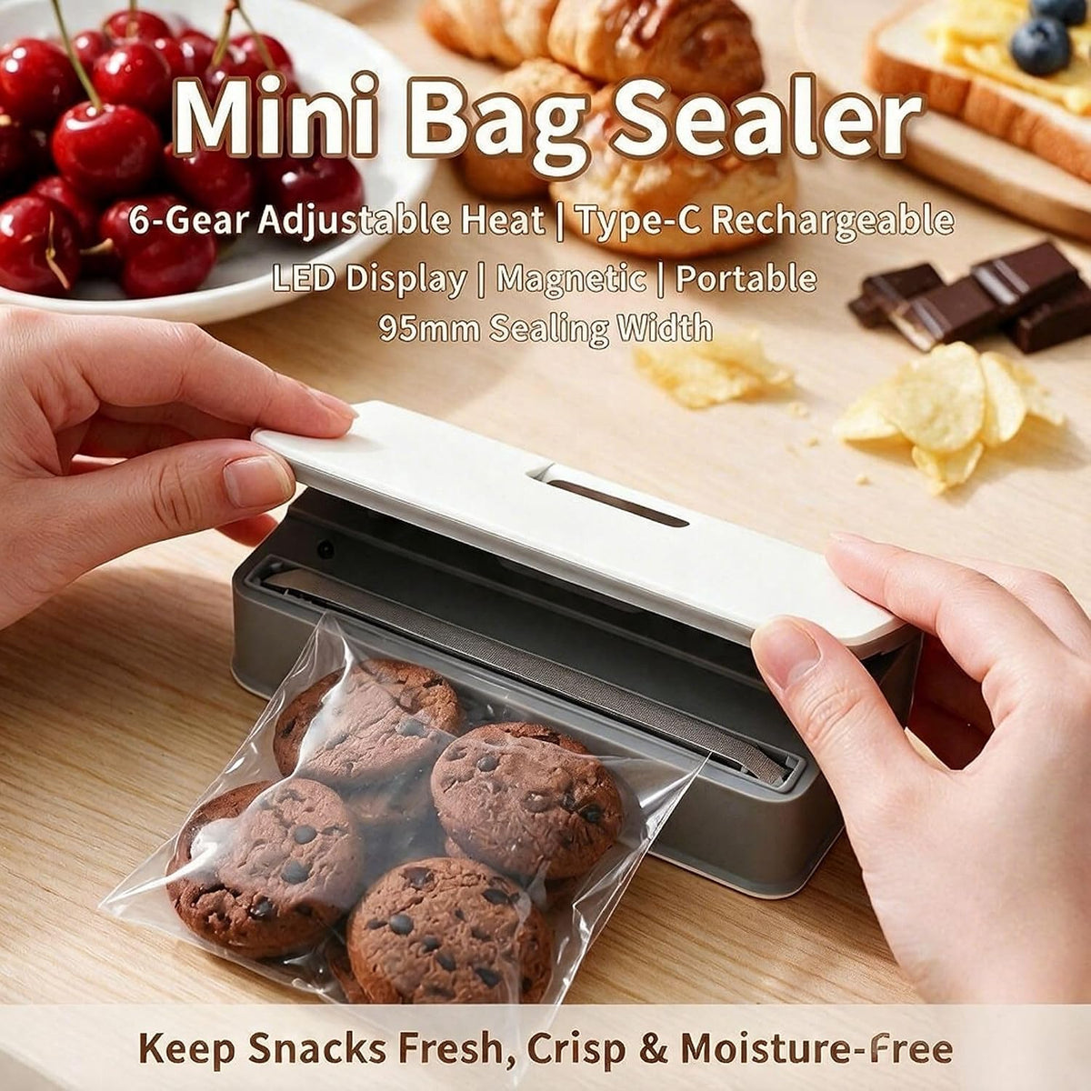 Mini Bag Sealer & Cutter, USB-C Rechargeable, 6-Gear Adjustable Heat, LED Display, Magnetic, for Chips/Snacks/Mylar/Plastic, No Preheating, Freshness Keeper, Portable Travel Gadget, White