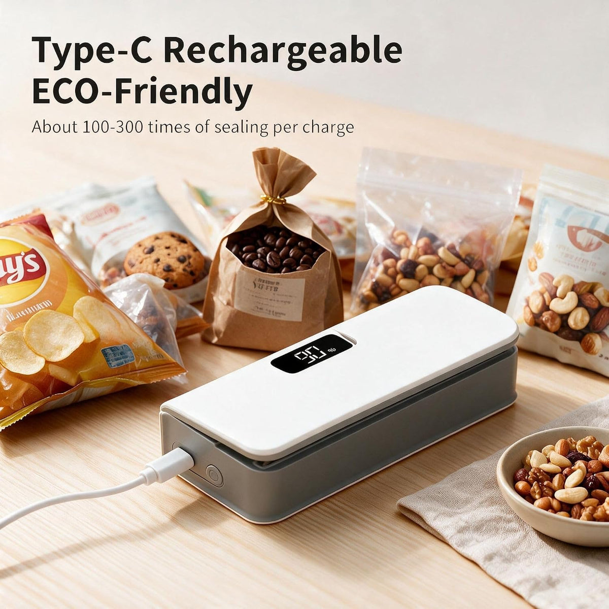 Mini Bag Sealer & Cutter, USB-C Rechargeable, 6-Gear Adjustable Heat, LED Display, Magnetic, for Chips/Snacks/Mylar/Plastic, No Preheating, Freshness Keeper, Portable Travel Gadget, White