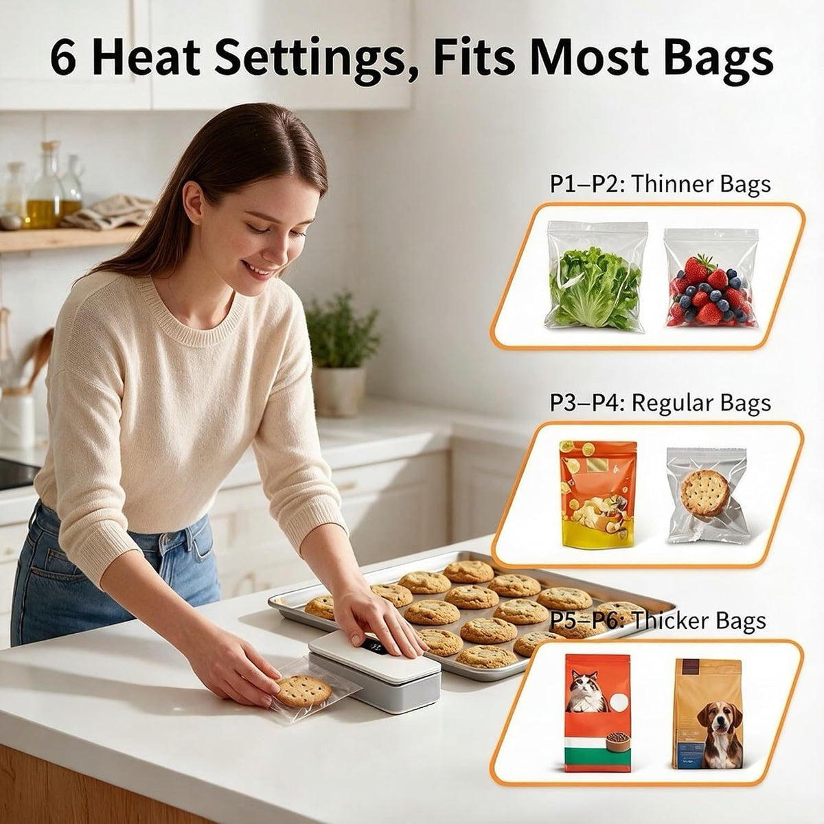 Mini Bag Sealer & Cutter, USB-C Rechargeable, 6-Gear Adjustable Heat, LED Display, Magnetic, for Chips/Snacks/Mylar/Plastic, No Preheating, Freshness Keeper, Portable Travel Gadget, White