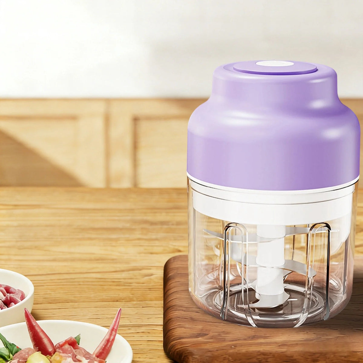 Rechargeable Electric Garlic Chopper,Portable Mini Food Processor with 4 Blades & Measure Cup,Wireless Cordless Vegetable & Meat Mincer,Easy Clean Kitchen Gadget,Blue,8.5 OZ 4 Blades