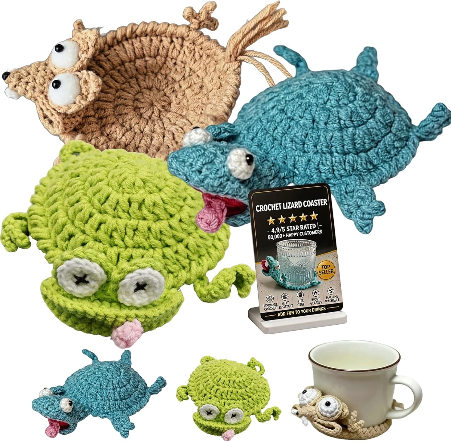 Crochet Lizard Coaster, Unique Lizard Funny Coasters, Cute 3D Handmade Crochet Animal Coaster, Decorative Drink Mug Rug for Home Decor (Mixed*3)