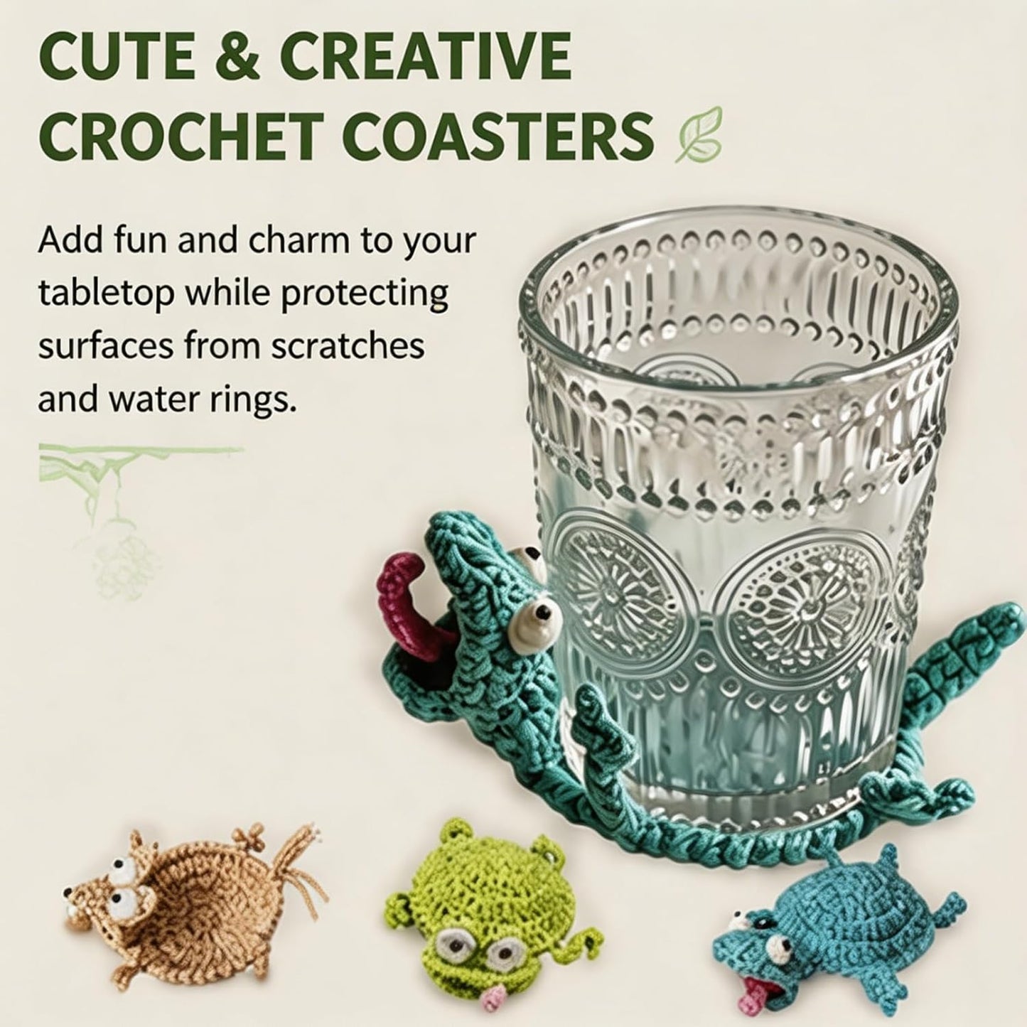 Crochet Lizard Coaster, Unique Lizard Funny Coasters, Cute 3D Handmade Crochet Animal Coaster, Decorative Drink Mug Rug for Home Decor (Mixed*3)