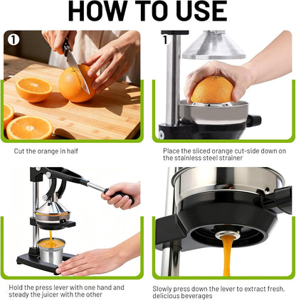 Cast Iron Juicer,Manual Juicer Hand Press,Professional Citrus Juicer | with Stainless Steel Cup,Easy to Use & Clean,Heavy Duty Stainless Steel Manual Juicer for Orange Juice,Pomegranate,Lemon